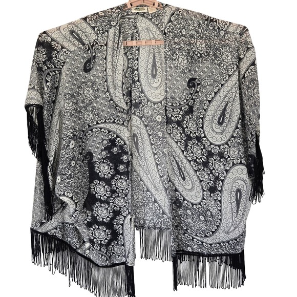 Kimono XL Topper Black White Paisley Fringe Open Front Beach Cover Up Tropical - Picture 1 of 8